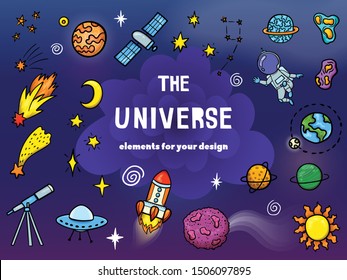 Hand drawn space banner template. Space doodle Vector illustration with cartoon rocket, planets, stars for print or web design, posters, cards, banners. Universe items