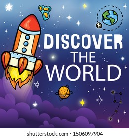 Hand drawn space banner template. Space doodle Vector illustration with cartoon rocket, planets, stars for print or web design, posters, cards, banners. Universe items