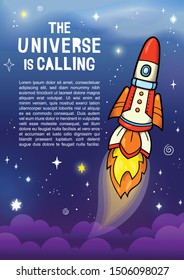 Hand drawn space banner template. Space doodle Vector illustration with cartoon rocket, planets, stars for print or web design, posters, cards, banners. Universe items