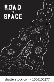 Hand drawn space banner template. Space doodle Vector illustration with cartoon rocket, planets, stars for print or web design, posters, cards, banners. Universe items on blackboard