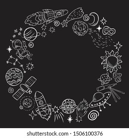 Hand drawn space banner template. Space doodle Vector illustration with cartoon rocket, planets, stars for print or web design, posters, cards, banners. Universe items on blackboard