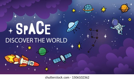 Hand drawn space banner template. Space doodle Vector illustration with cartoon rocket, planets, stars. Universe for your design