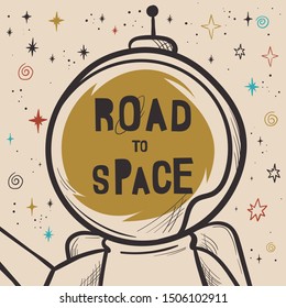 Hand drawn space banner template. Space doodle Vector illustration with cartoon rocket, planets, stars for print or web design, posters, cards, banners. Universe items