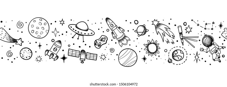 Hand drawn space banner template. Space doodle Vector illustration with cartoon rocket, planets, stars for print or web design, posters, cards, banners. Universe seamless pattern