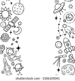 Hand drawn space banner template. Space doodle Vector illustration with cartoon rocket, planets, stars for print or web design, posters, cards, banners. Universe seamless pattern