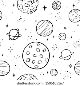 Hand drawn space banner template. Space doodle Vector illustration with cartoon rocket, planets, stars for print or web design, posters, cards, banners. Universe seamless pattern