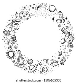 Hand drawn space banner template. Space doodle Vector illustration with cartoon rocket, planets, stars for print or web design, posters, cards, banners. Universe 