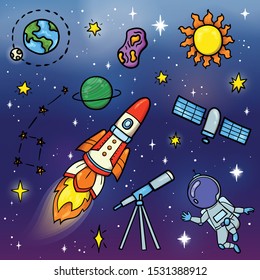 Hand drawn space banner template. Space doodle Vector illustration with cartoon rocket, planets, stars. Universe for your design