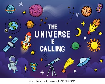 Hand drawn space banner template. Space doodle Vector illustration with cartoon rocket, planets, stars. Universe for your design
