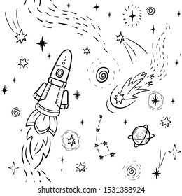Plantilla de banner de espacio dibujado a mano. Dibujo espacial del vector con cohete de dibujos animados, planetas, estrellas. Universo para su diseño. Patrón transparente
