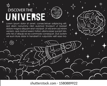 Hand drawn space banner template. Space doodle Vector illustration with cartoon rocket, planets, stars. Universe for your design on blackboard