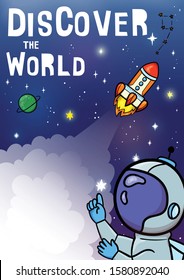 Hand drawn space banner template. Space doodle Vector illustration with cartoon rocket, planets, stars. Universe for your design