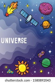 Hand drawn space banner template. Space doodle Vector illustration with cartoon rocket, planets, stars. Universe for your design