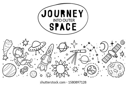 Hand drawn space banner template. Space doodle Vector illustration with cartoon rocket, planets, stars. Universe for your design