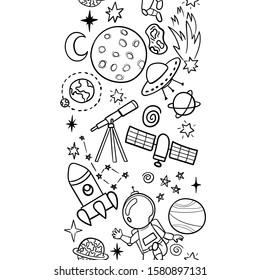 Hand drawn space banner template. Space doodle Vector illustration with cartoon rocket, planets, stars. Universe for your design seamless pattern