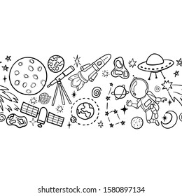 Hand drawn space banner template. Space doodle Vector illustration with cartoon rocket, planets, stars. Universe for your design seamless pattern