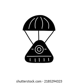 Cápsula espacial dibujada a mano con paracaídas aislado sobre fondo blanco. Ilustración del doodle vectorial.