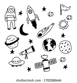 Handgezeichnete Weltraumdoodle-Kollektion wie Rakete, Astronaut, Planeten und mehr 