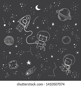 Hand drawn space doodle pattern. Cats astronauts in space. 