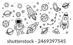 Hand drawn space. Doodle space planets, astrology cosmic doodles. Cosmos hand-drawn doodle set. Vector illustration