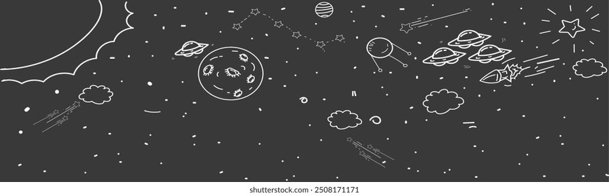 Handgezeichnet aus dem Raum. Weltraumplaneten, kosmische Doodles aus der Astrologie. 