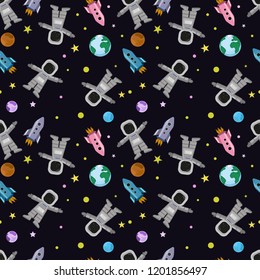 Hand drawn space doodle seamless background