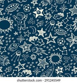Hand drawn space doodle seamless pattern. Planet, star, astronaut, sun, asteroid, comet, moon, Saturn and rocket. Education for children, preschool.
