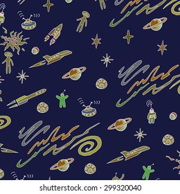 Hand drawn space doodle seamless background