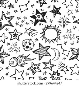 Hand drawn space doodle seamless pattern. Planet, star, sun, asteroid, comet, moon, saturn. Education for children, preschool. Night sky.