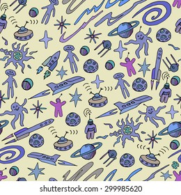Hand drawn space doodle seamless background