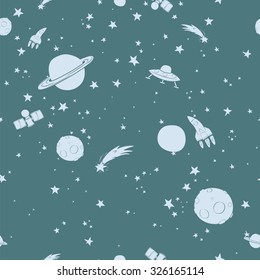Hand drawn space doodle seamless background.