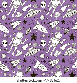 Hand drawn space doodle seamless pattern