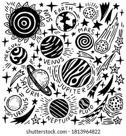 Hand drawn space doodle set. Solar system with sun, planets, asteroids and other space objects. Sketch space planets, celestial bodies. Universe space planets vector illustration. Astronomy. 