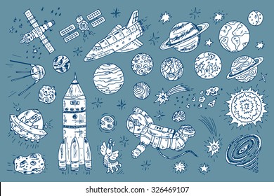 Hand drawn Space doodle Vector Set.