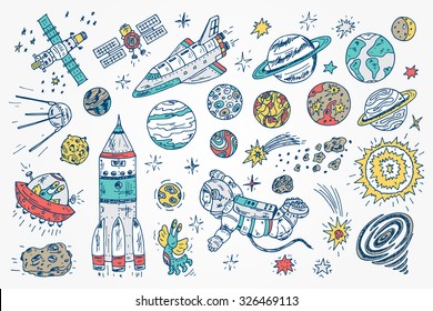 Hand drawn Space doodle Vector Set.