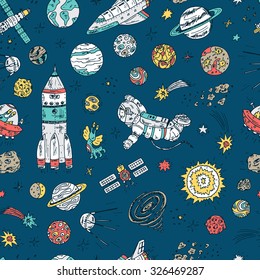 Hand drawn Space doodle Vector Seamless pattern. Colorful Space background