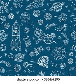 Hand drawn Space doodle Vector Seamless pattern. Space background