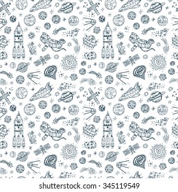 Hand drawn Space doodle Vector Seamless pattern. Space background