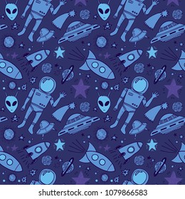 Hand drawn space doodles. Seamless pattern