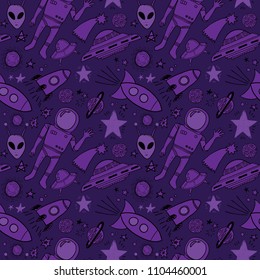 Hand drawn space doodles. Seamless pattern