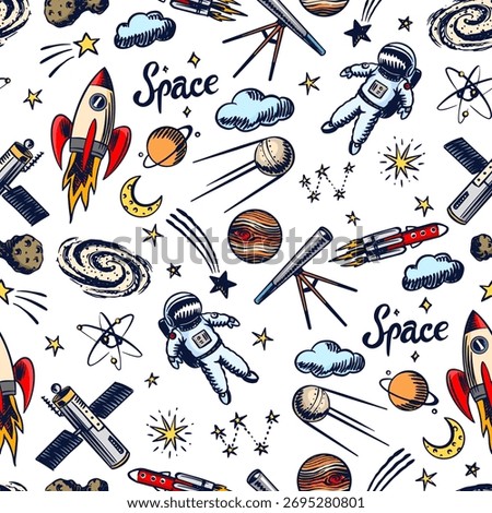 Hand drawn space doodles seamless patterns in sketchy style with rocket astronaut or spaceman, planets and telescope. science elements for kids and educational content