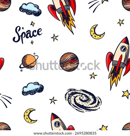 Hand drawn space doodles seamless patterns in sketchy style with rocket astronaut or spaceman, planets and telescope. science elements for kids and educational content