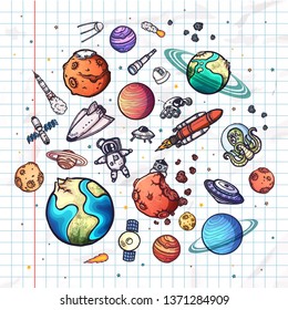 Hand drawn space doodles set. Colorful vector illustration.