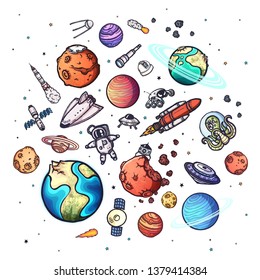Hand drawn space doodles set. Colorful vector illustration.