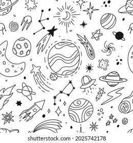 Hand drawn space doodles, universe, planets and stars sketches. Cute rocket, alien, comet, moon. Galaxy scribbles vector seamless pattern. Flying meteorites and cosmic objects in sky