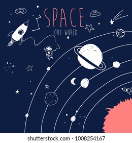 Hand drawn space elements. Space about doodle illustration. Vector illustration. Hand drawing slogans and icons vector.