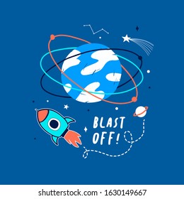 Hand drawn space elements. Space about doodle illustration. Vector illustration. Hand drawing slogans and icons vector.