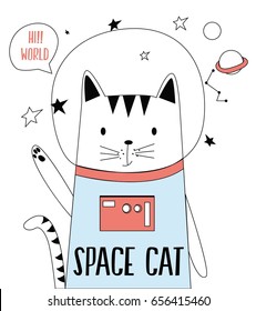 Hand Drawn Space Elements. Astronaut Cat Doodle Illustration. Vector Illustration. Hand Drawing Slogans And Icons Vector.