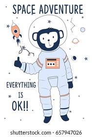 Hand drawn space elements. Astronaut monkey doodle illustration. Vector illustration. Hand drawing slogans and icons vector.	