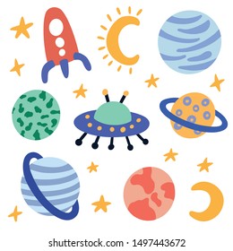 Hand drawn space elements. Space background for Kids. Space doodle illustration. Vector illustration. 